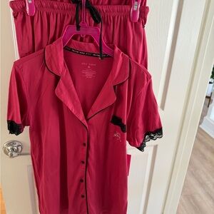 Betsey Johnson Pink Button-Up Pajama Set with Black Lace